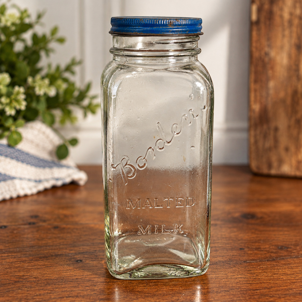 Antique Borden's Malted Milk Glass Jar Bottle Original Blue Metal Lid 1920s